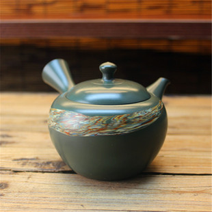 日本常滑烧60年前已故名家 绿泥搅泥千羽拭侧把急须壶 久田阳山作