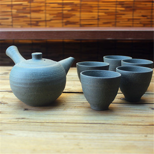 日本常滑烧已故无形文化财 水野静仙南蛮肌石爆横手侧把急须套壶