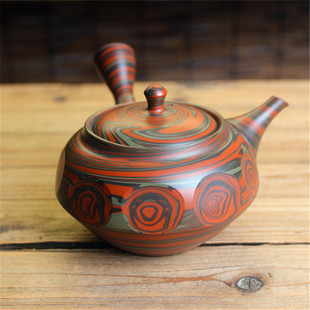 日本常滑烧已故名匠 搅泥绞胎钻石切面横手侧把急须壶 谷川菁山作