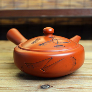 急须壶 老朱泥大平型刻字横手侧把日式 日本常滑烧已故名匠 月庄作