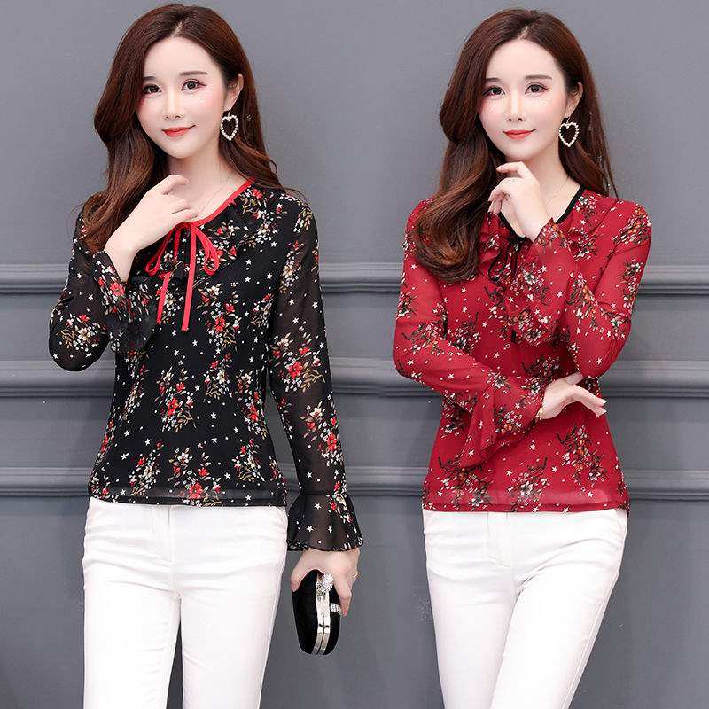 印花长袖雪纺衬衫女2020春夏女装宽松韩版荷叶边系带喇叭袖上衣女|msdalam kategori Butik wanita / wanita, shirt - dari Buy2taobao.com untuk memberikan perkhidmatan ejen Taobao profesional membeli