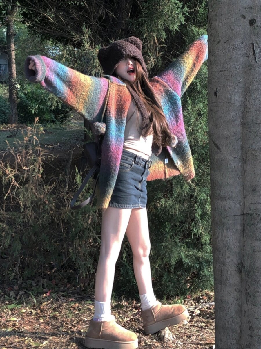 HUNGERLABABY|24AW 미국 복고풍 게으른 스타일 작은 여성을위한 다채로운 후드 가디건 스웨터 재킷