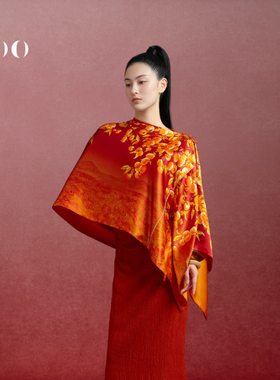 嫵WOO 【礼赠推荐】印花面料小-万柿大吉喜庆红色中式披肩搭旗袍