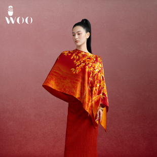 万柿大吉喜庆红色中式 印花面料小 披肩搭旗袍 礼赠推荐 嫵WOO