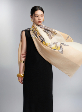嫵WOO 【花颜】山羊绒印花长巾围巾四季用空调巾披肩搭大衣风衣