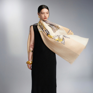 用空调巾披肩搭大衣风衣 山羊绒印花长巾围巾四季 嫵WOO 花颜