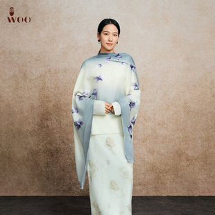 玉兰花手绣 款 灰白渐变桑蚕丝羊绒女士刺绣披肩围巾 经典 嫵WOO