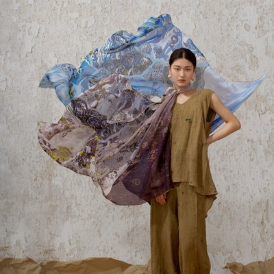 嫵WOO真丝中国风印花大方巾披肩