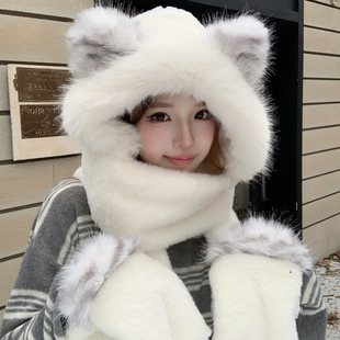 毛绒围巾女冬季狐狸帽子手套一体加厚保暖冬天围脖骑车三件套女款