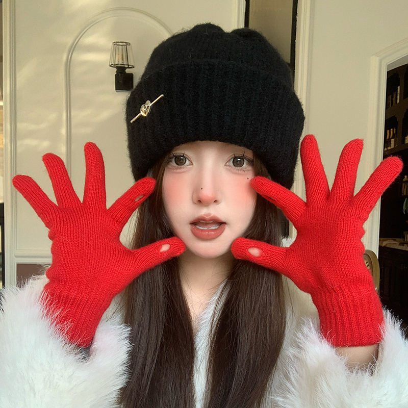 红色可爱小熊针织毛线手套女秋冬季保暖防寒露指触屏分指骑车冬天