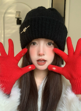 红色可爱防风针织毛线手套女士棉保暖防寒露指触屏御寒骑车女冬天