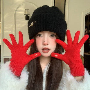 红色可爱防风针织毛线手套女士棉保暖防寒露指触屏御寒骑车女冬天