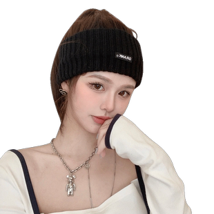 2025女款秋冬季针织发带女头巾毛线帽子月子产后头套运动黑色冷帽