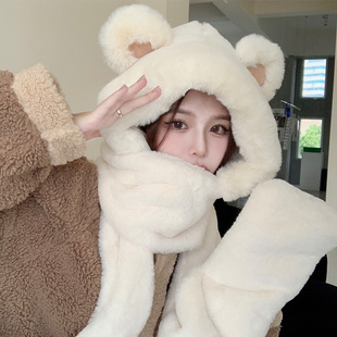 可爱小熊耳朵毛绒帽子女秋冬季保暖护耳围巾手套一体冬天连帽围脖