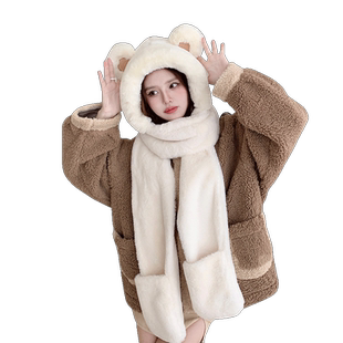 小熊帽子秋冬季女士围巾手套一体连帽围脖可爱保暖毛绒冬天三件套