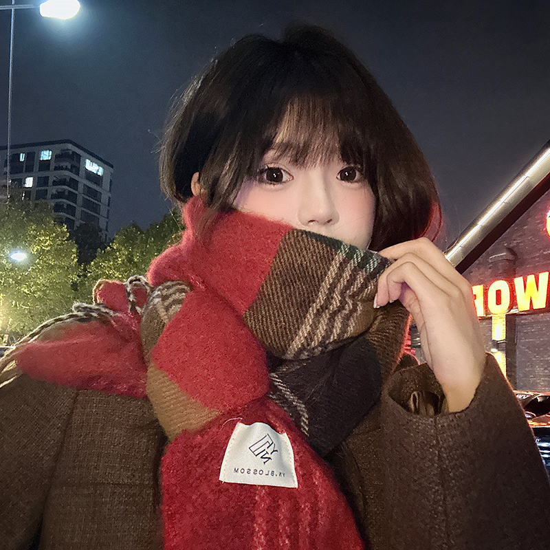 新年红色格子围巾女冬季