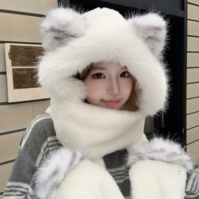 可爱狐狸防风帽子女冬季围巾手套一体加厚保暖毛绒围脖骑车三件套