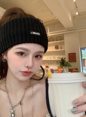 2025女款秋冬季针织发带女头巾毛线帽子月子产后头套运动黑色冷帽