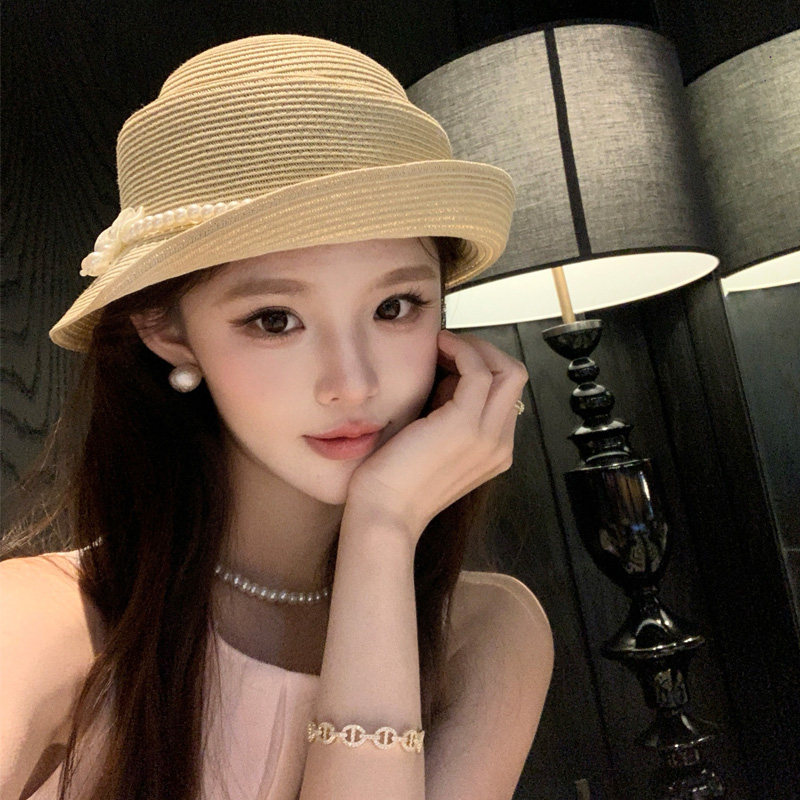 法式复古千金风珍珠卷边草帽女夏季海边度假风遮阳帽礼帽防晒帽子