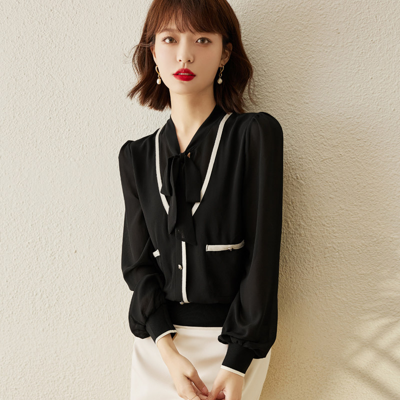 雪纺蝴蝶结衬衫女长袖2022春新款洋气高级感上衣百搭别致漂亮小衫
