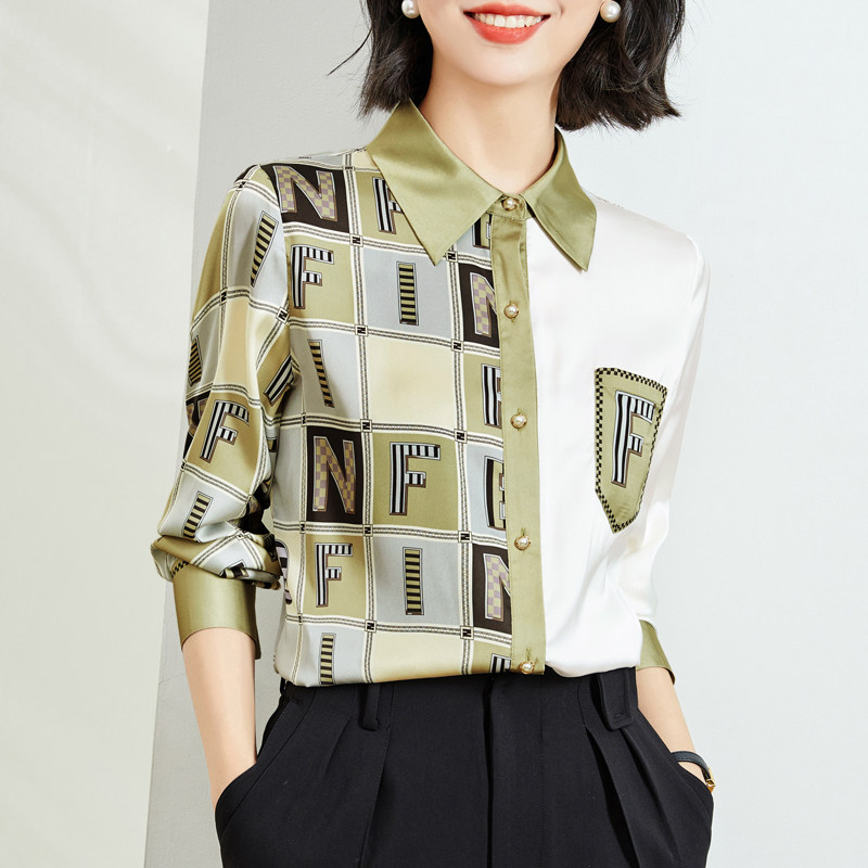 缎面衬衫女2022春装新款洋气时尚设计感小众印花上衣长袖雪纺百搭