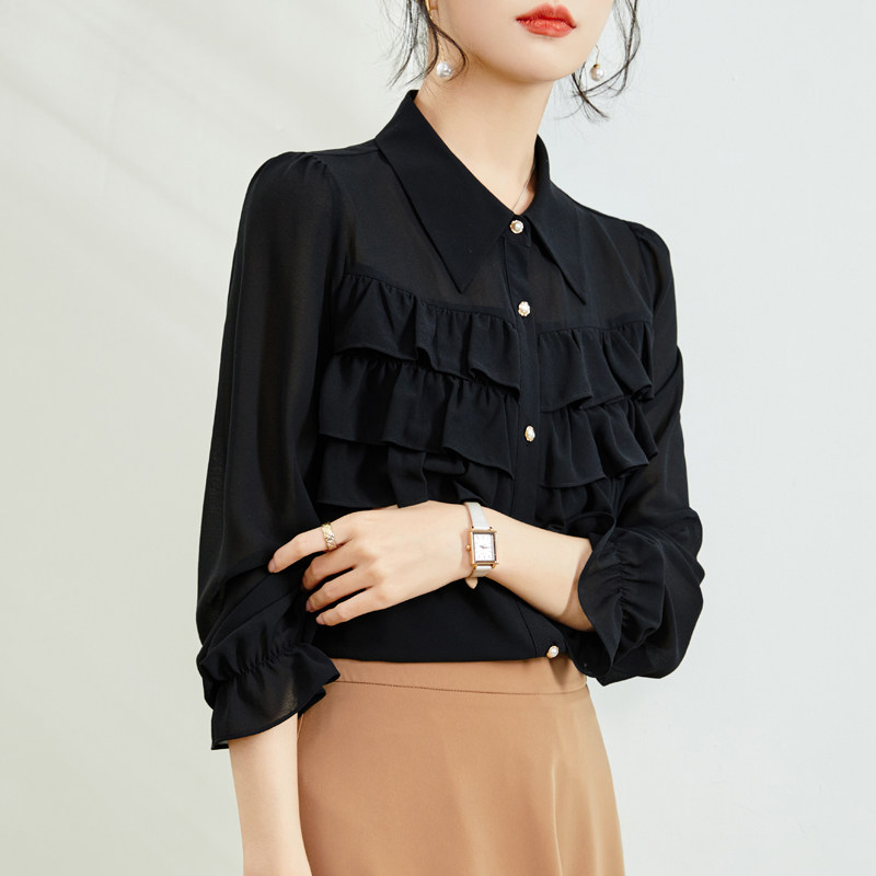 衬衫女长袖设计感小众荷叶边上衣2022年春装新款洋气时尚雪纺衬衣