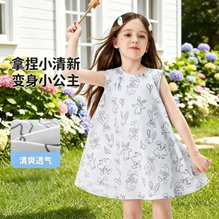 MQDMINI品牌女童无袖连衣裙夏季中小童圆领棉裙儿童凉感透气时尚