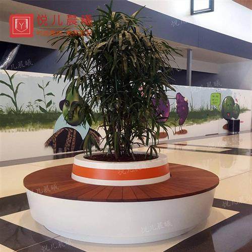 玻璃钢防腐木面圆形花盆系列商场户外广场休闲椅购物等候树池座椅