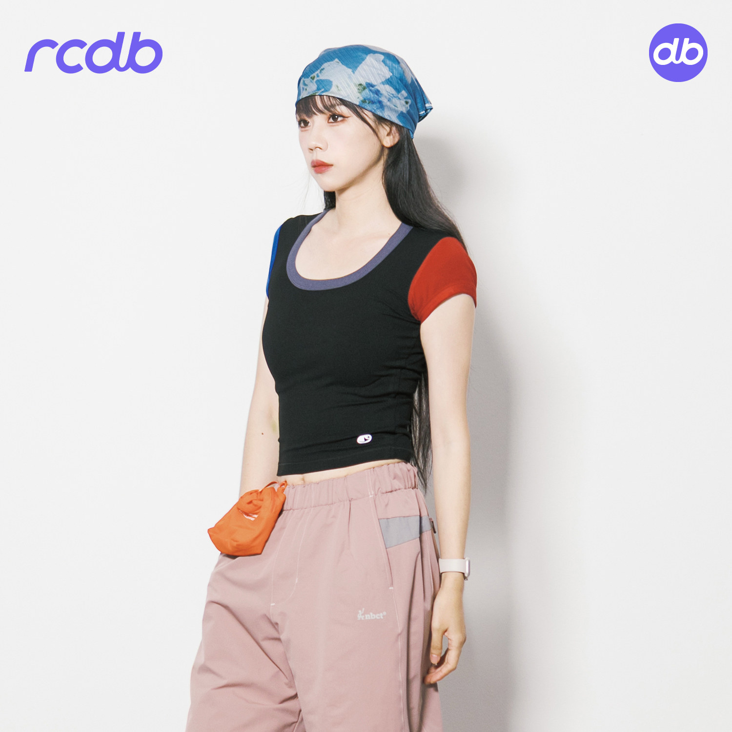 RCDB运动风大圆领糖果色拼接短袖T恤女亲肤速干修身个性穿搭上衣