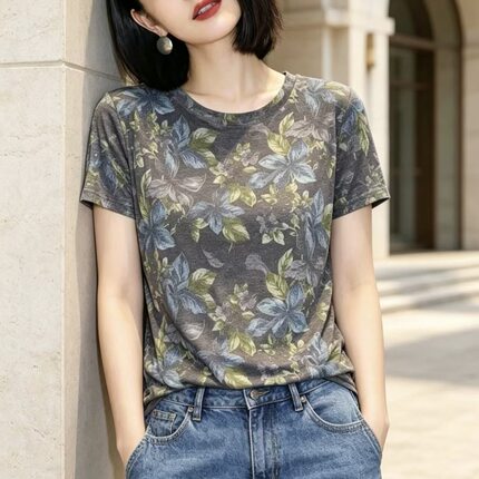 欧洲站2026夏季新款小众设计感印花短袖纱t宽松百搭显瘦T恤女上衣