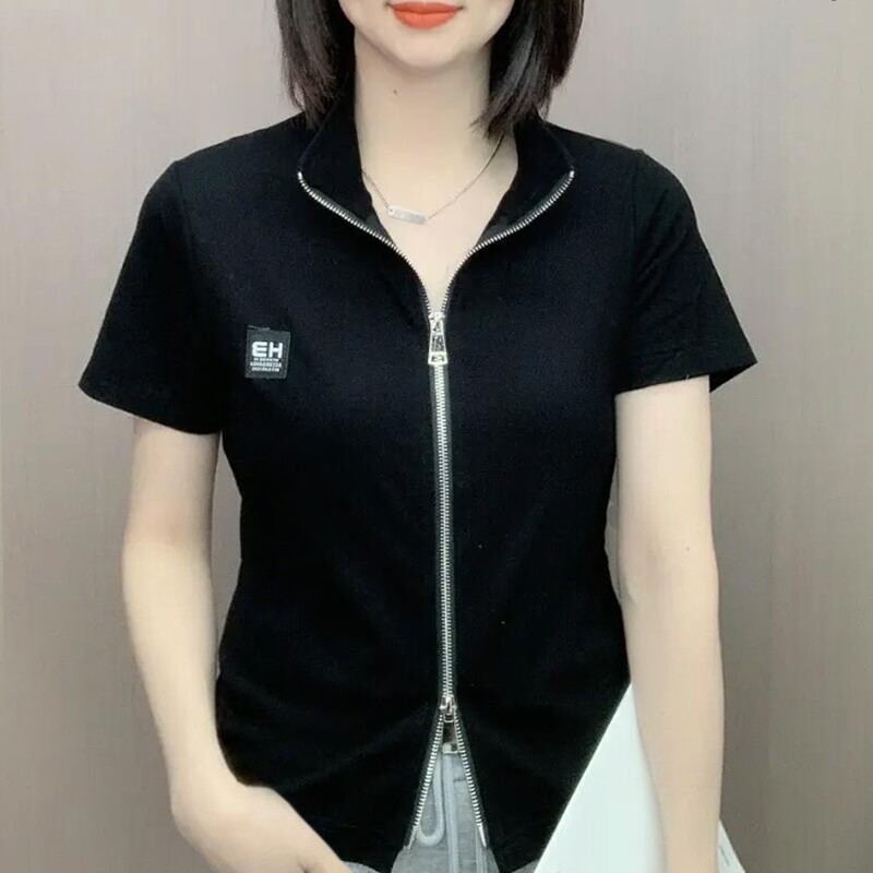 短袖T恤女士夏季新款纯色光板高弹修身双头拉链立领时尚短款外套图片