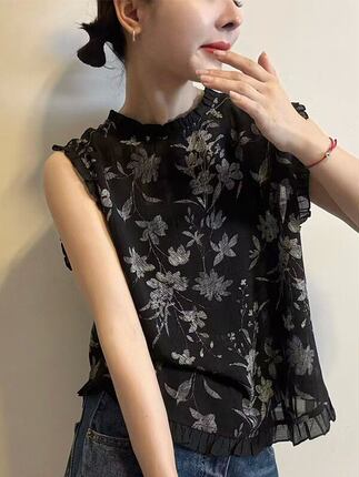 法式洋气木耳花边印花小上衣女2026夏季新款薄款宽松显瘦百搭衬衣