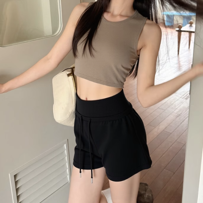 美式白色运动短裤女夏季高腰直筒裤宽松休闲阔腿裤小个子a字热裤