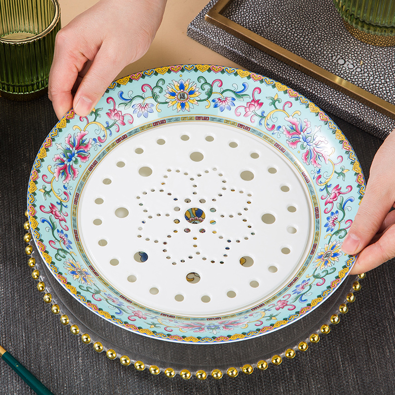 双层沥水盘骨瓷圆形珐琅彩宫廷盘
