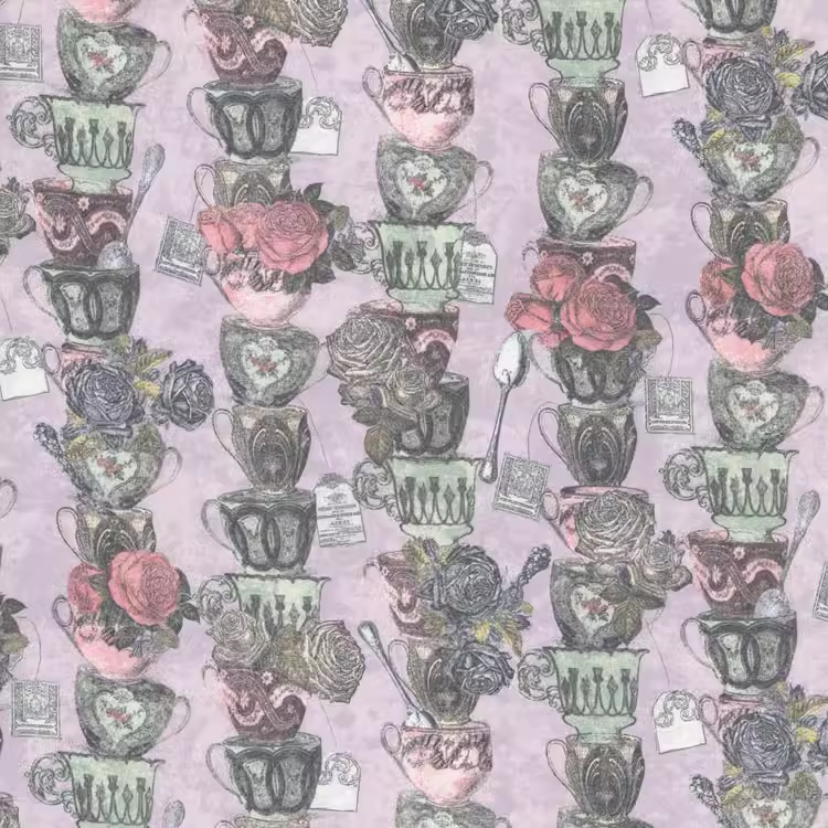 日本进口 纯棉手工diy服装lolita裙拼布料 复古紫藕荷色茶壶杯子