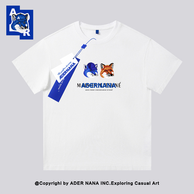 韩国ADER NANA潮牌狐狸刺绣短袖T恤男女宽松趣味白色上衣