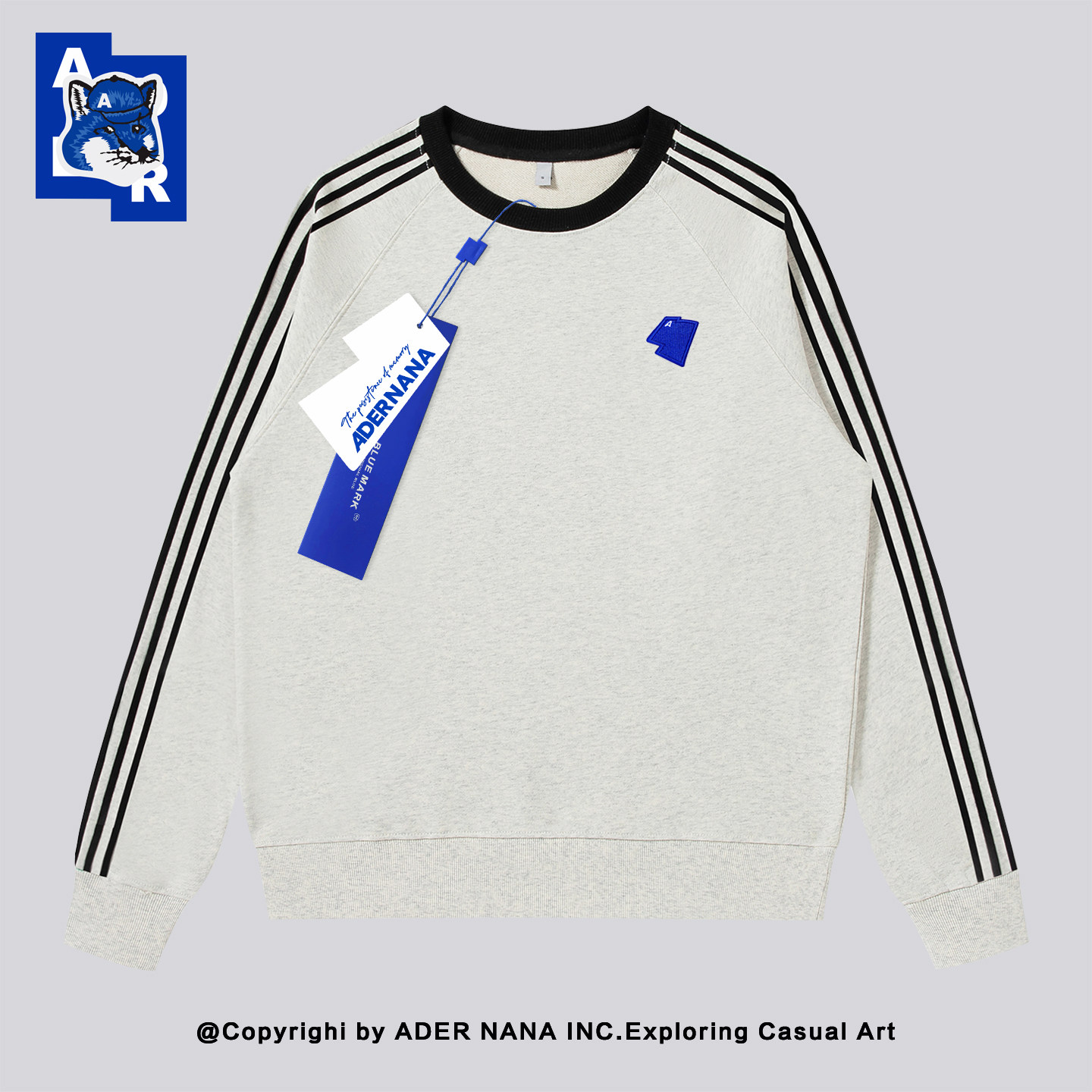 ADER NANA潮牌新款三条杠卫衣男女宽松圆领套头复古运动风上衣