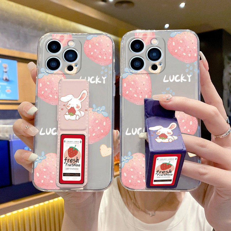 适用于iPhone17透明手机壳苹果16Pro/15ProMax磁吸带支架14plus桌面支撑架12/11/XR/8/7防摔草莓小兔折叠腕带