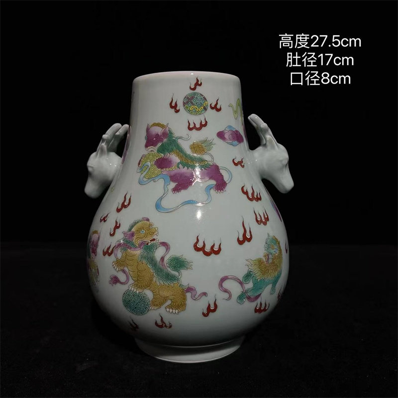 雍正年制影青釉狮子滚绣球图鹿头尊古玩瓷器收藏家居装饰博古摆件