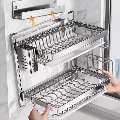 不锈钢碗碟收纳架厨房置物架壁挂式免打孔碗架放碗筷碗盘沥水架