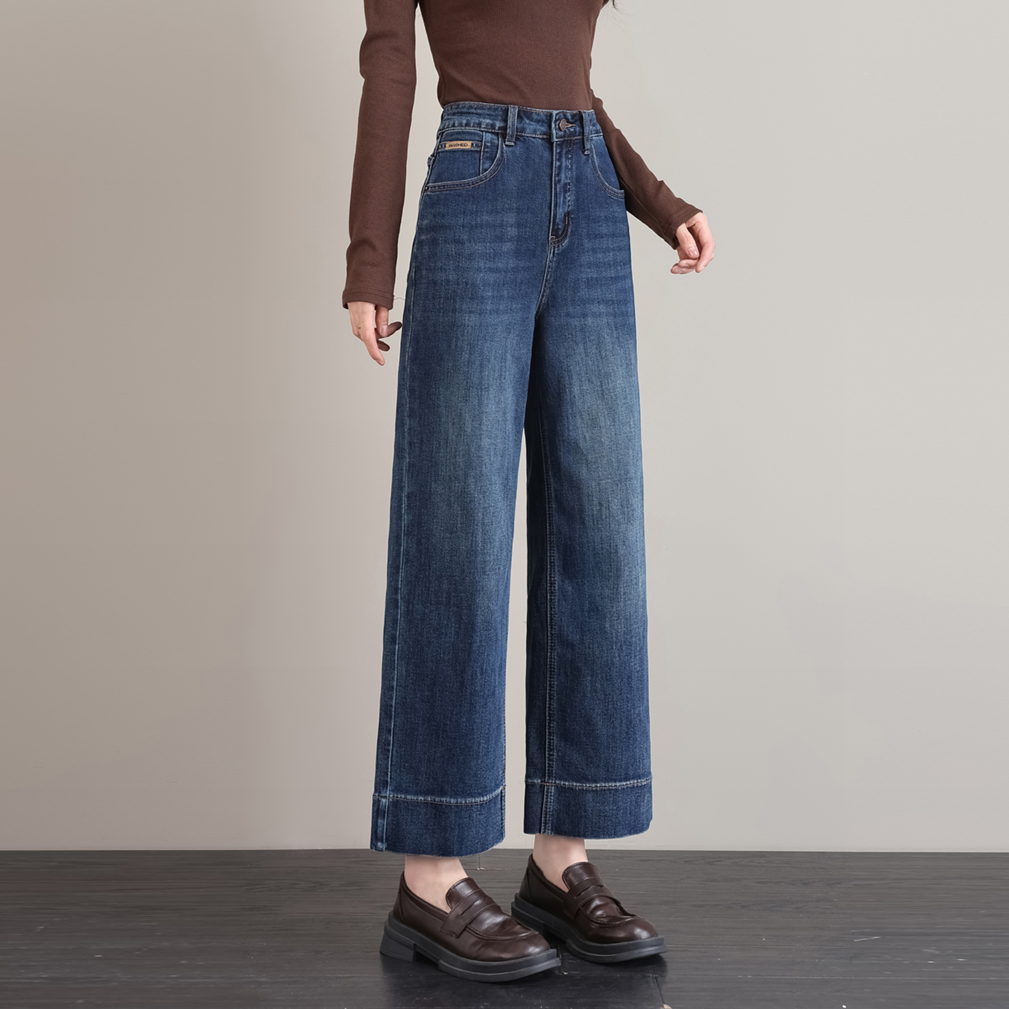 深蓝色阔腿牛仔裤女秋季2025新款窄版小个子九分法棍裤直筒烟管裤