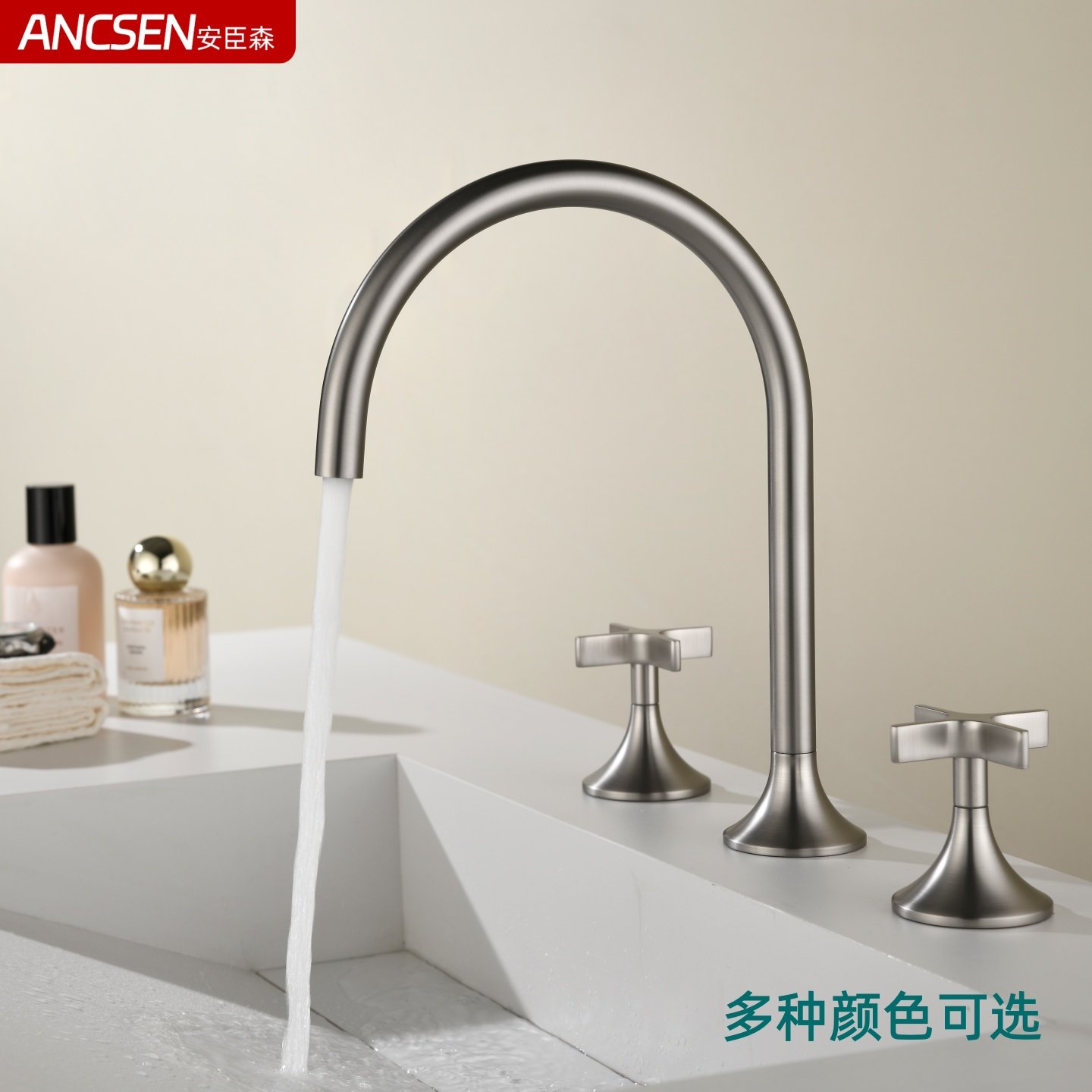 浴室三孔面盆枪灰全铜冷热水龙头