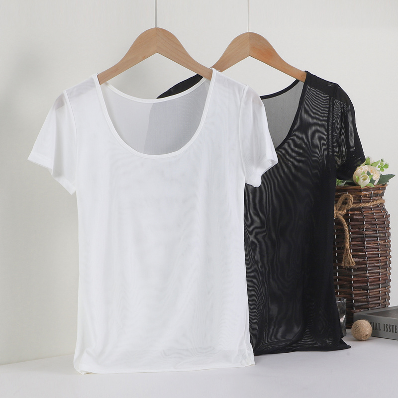 夏季薄网纱短袖T恤女纯色上衣修身性感舞蹈服夜店蕾丝衫内搭外穿