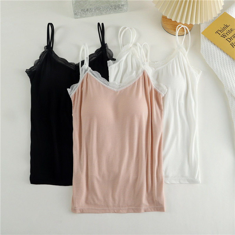 夏季薄蕾丝花边V领美背带胸垫双肩带吊带背心女生螺纹莫代尔宽松