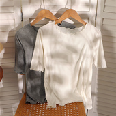 薄款 T恤女木耳边修身 螺纹莫代尔五分半袖 短袖 外穿 圆领打底衫 夏季