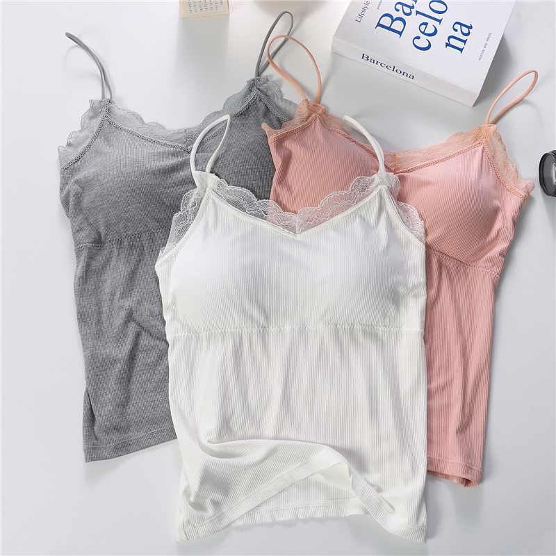 夏新款休闲小吊带背心女罩杯一体bra可拆卸蕾丝花边露背内搭睡衣