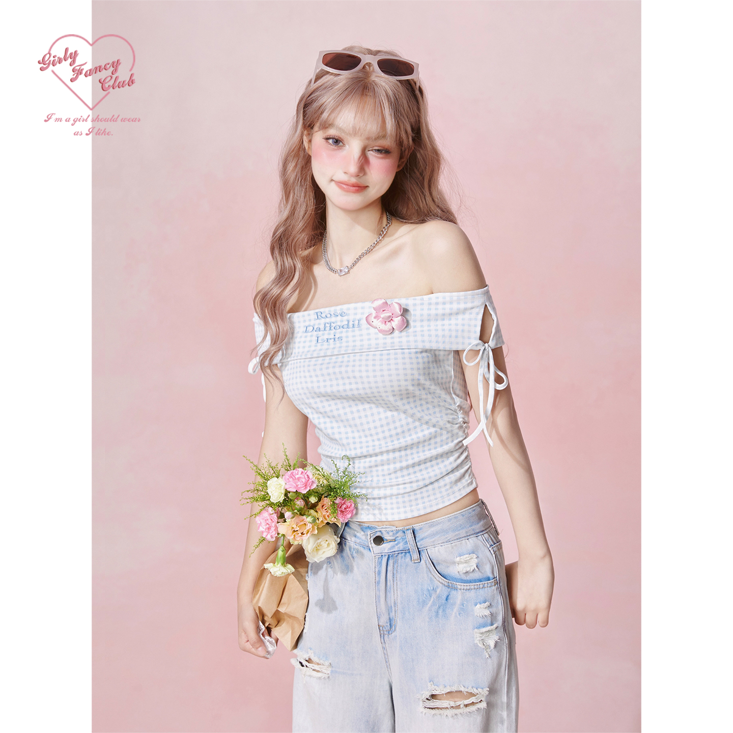 GirlyFancyClub夏日马卡龙*清新蓝白格子褶皱修身短上衣露肩t恤女