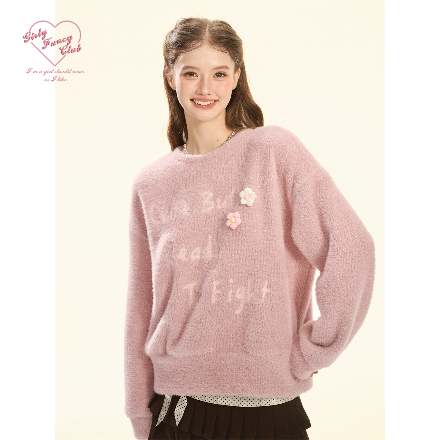 GirlyFancyClub 12/8 20点 手工小花花 刺绣亮丝貂绒针织套头卫衣