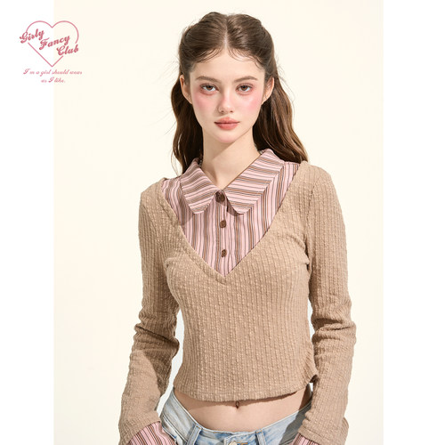 GirlyFancyClub高智miu系*粉棕条纹小翻领拼接假两件针织短上衣女