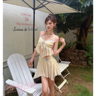GirlyFancyClub明媚假日*海岛风显白奶黄色飘逸纺纱吊带半裙套装
